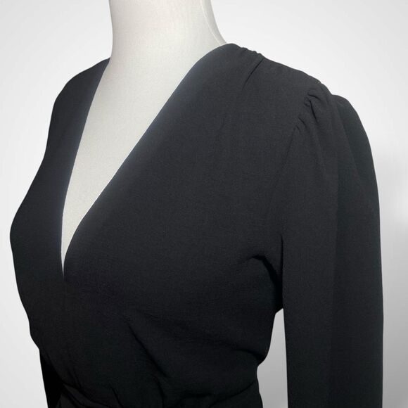 MNG by Mango Black Dress Women's Size M Short Ruched Long Sleeve Deep V Neck - Picture 3 of 12
